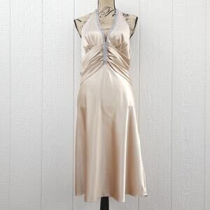 VTG Y2K Bora Halter Midi Dress XL Champagne Satin Rhinestone Glam Mob Wife USA